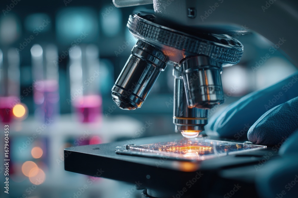 Fototapeta premium Modern microscope illuminating sample, symbolizing scientific discovery.