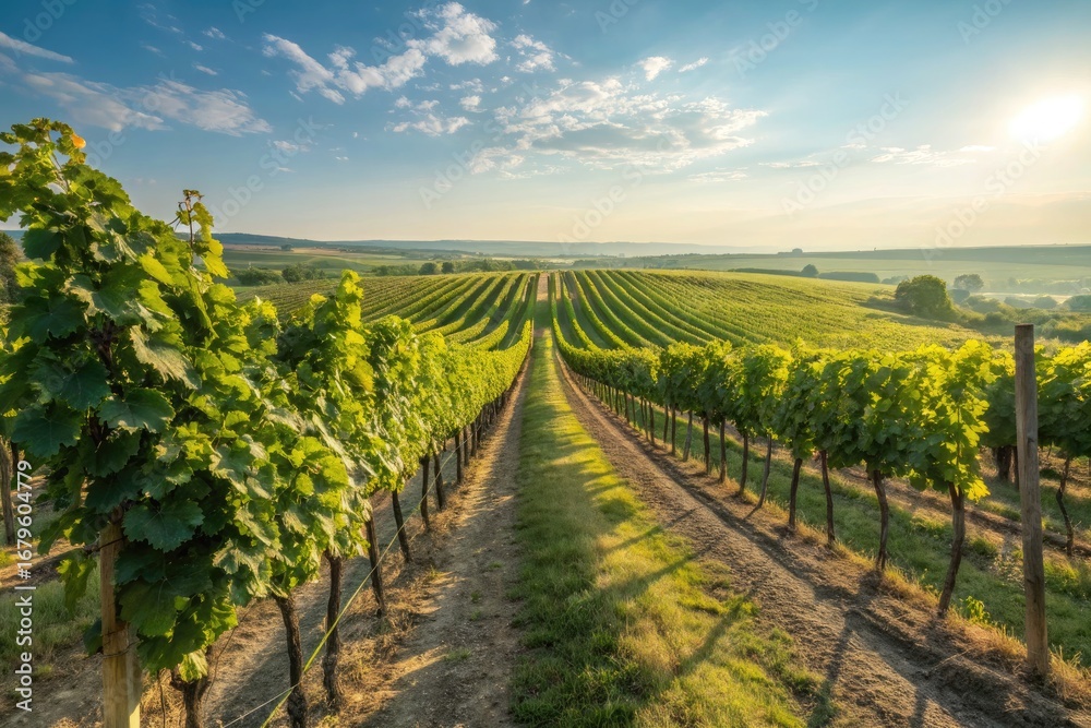 Naklejka premium Vast Vineyard Landscape With Rows of Green Grapevines in Sunlight