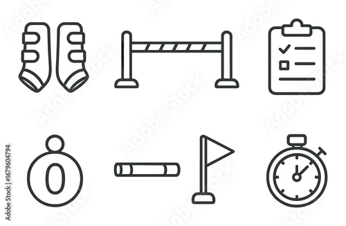 Gymnastics icons set: equipment, stopwatch, checklist, parallel bars