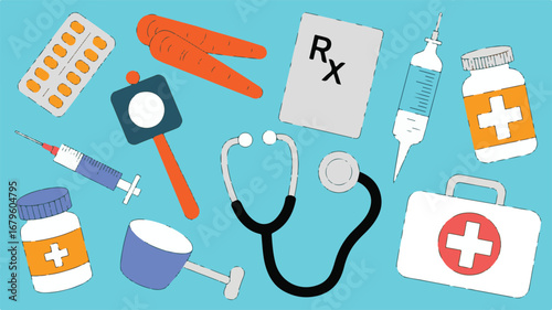 Medical and Health Icons Including Pills Syringes Stethoscope and First Aid Kit healthcare