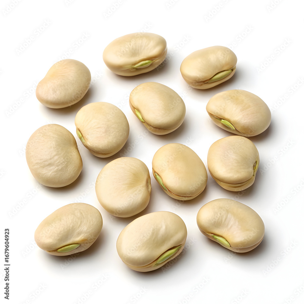 Obraz premium Dry broad beans isolated on a white background, ideal for food packaging, cooking visuals, nutritional labeling,