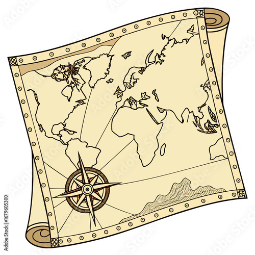 Antique compass on an aged paper map of the world