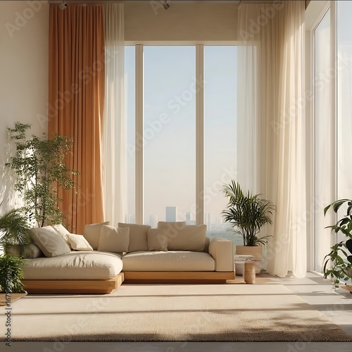 Modern minimalist style beige and white living room with large floortoceiling windows light orange curtains wooden sofa carpet on the ground warm sunlight shi