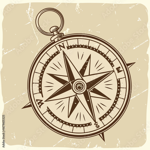 Vintage compass rose on an antique map with a bicycle wheel and spokes as a unique travel illustration