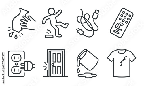 Household hazard icons: spills, slips, electrical, remote, plug, door, liquid, shirt