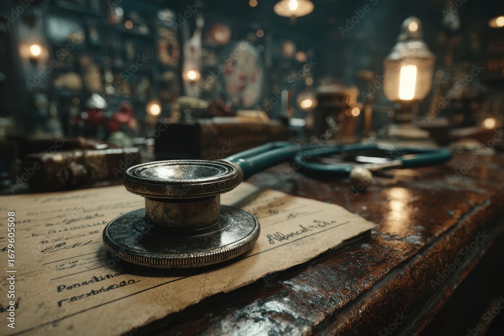 Obraz premium Vintage Stethoscope on Aged Paper, Atmospheric Historical Medical Setting.