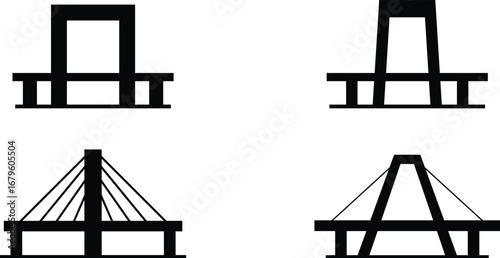 Bridge silhouette icons collection, minimal civil engineering and architectural structure symbols for infrastructure and construction design