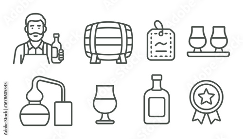 Whiskey icons: bartender, barrel, tags, and glasses in vintage style