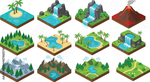 Isometric nature landscape vector set, tropical islands, mountains, waterfalls, forests, and rivers, game environment tile elements for map creation
