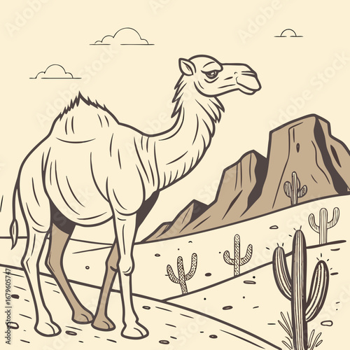 A lone dromedary stands on a sandy dune in the vast Sahara desert, a classic image of Arabian travel and wildlife