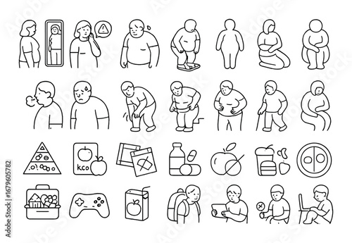 Icons depicting obesity challenges and lifestyle choices in youth