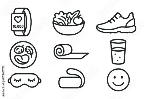 Healthy lifestyle icons: fitness tracker, salad, running shoe, sleep mask, and smile