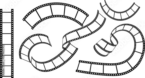 Curved film strip vector illustration, black movie tape design, cinema frame border elements for video editing, photography, retro film reel decoration