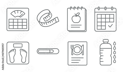 Healthy lifestyle icons: weight scale, measuring tape, meal plan, hydration tracker