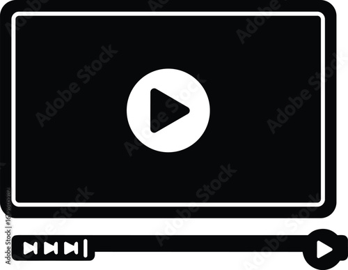Black video player icon illustration, media screen interface with play button, digital streaming interface element, minimalist flat design vector graphic