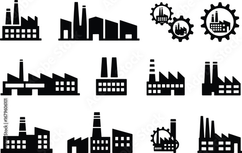 Black factory icon set, industrial building silhouette, manufacturing plant, power station, industry facility symbols, flat design vector illustration collection