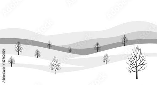 Winter landscape with bare trees and rolling hills.