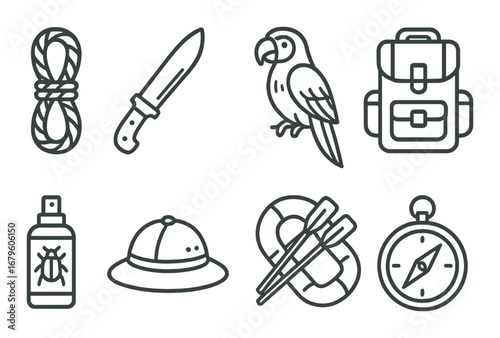 Outdoor adventure icons: backpack, knife, parrot, rope, hat, bug spray, sleeping bag, compass