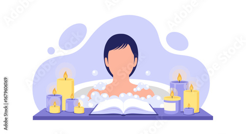 Woman enjoying a relaxing bubble bath with a book and candles.