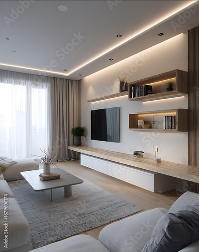 Modern interior design accentual and subtle features a living room with a wallmounted shelf and TV unit linear lights on the ceiling soft lighting and a minim