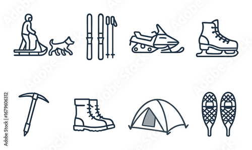Winter adventure icons: tent, skis, snowmobile, camping gear