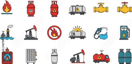 Gas industry icon set, fuel energy symbols, oil and gas pipeline, refinery, tank truck, petroleum storage, editable vector illustration