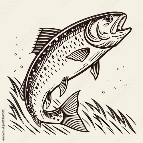 Hand drawn vector illustration of a fish in the sea, a perfect black silhouette for a tropical tattoo design