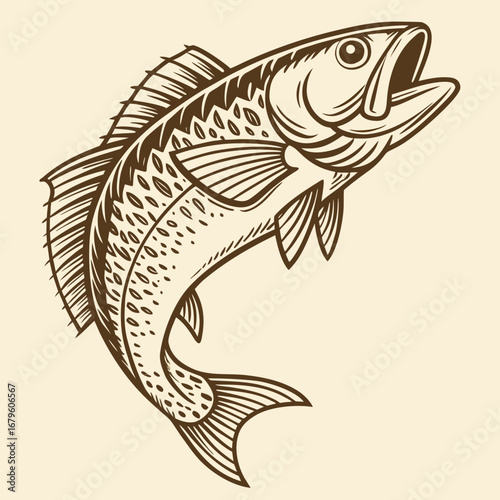 Hand drawn vector illustration of a fish in the sea, a perfect black silhouette for a tropical tattoo design
