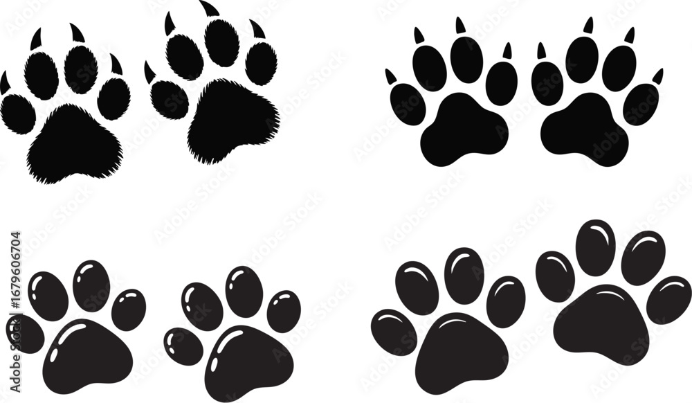 Fototapeta premium animal paw print icon set with four styles for pets, wildlife, veterinary, and playful design graphics