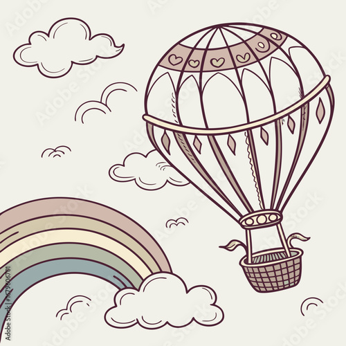 Colorful hot air balloon flying high in the blue sky