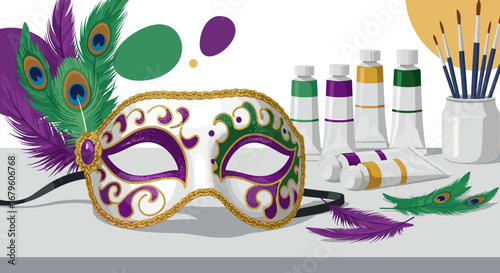 Mardi Gras mask with feathers and art supplies.