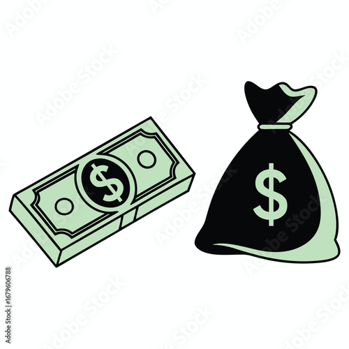 Stylized illustration of a stack of dollar bills and a money bag with dollar signs symbolizing wealth and financial gain
