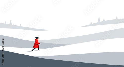 Woman in red coat walking.