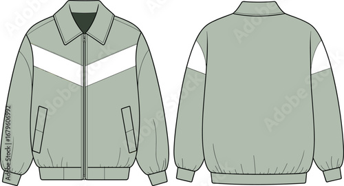 Vector bomber jacket illustration with front and back views, casual zip-up jacket design, elastic cuffs and hem, fashion apparel sketch, detailed clothing template