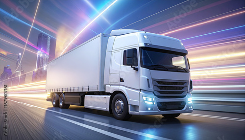 Futuristic Logistics - A White Unbranded Truck Driving Through Neon City Lights