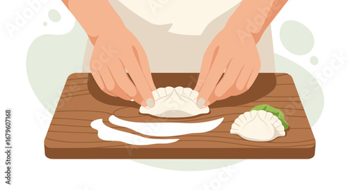 Hands preparing dumplings on a wooden cutting board.
