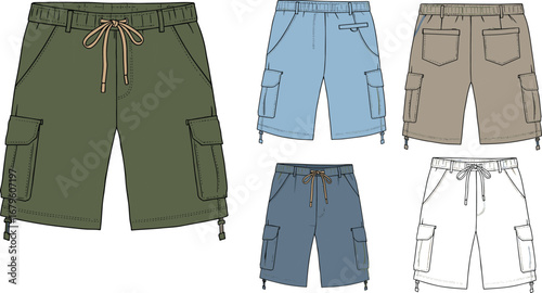 Cargo shorts vector flat sketch illustration, front and back views, multiple colors, fashion design template for casual summer streetwear, apparel industry