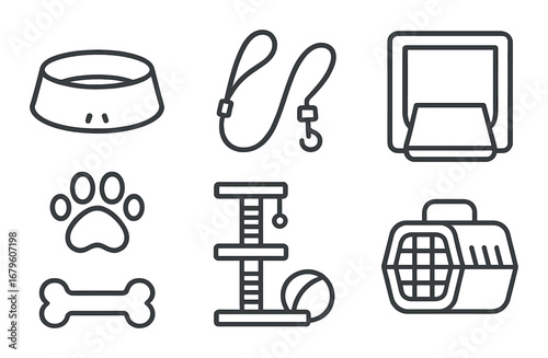 Set of pet accessories icons: bowl, leash, door, paw print, bone, scratching post, carrier