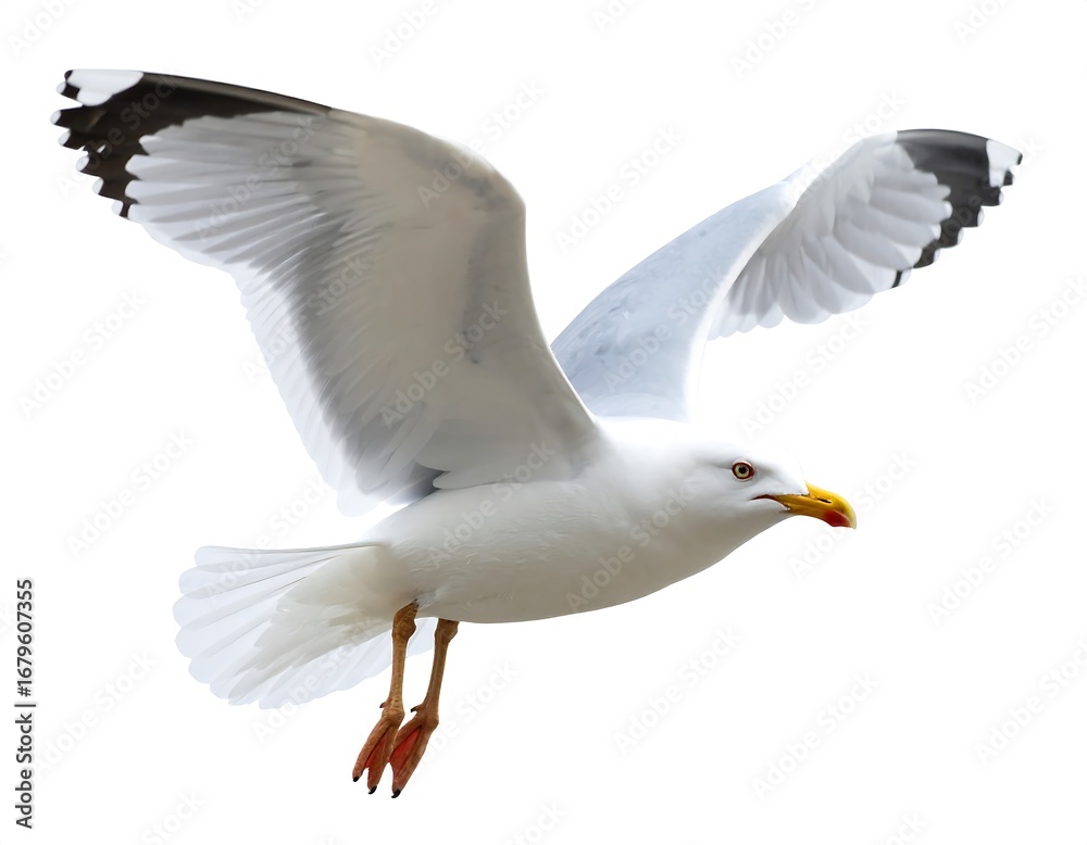 Fototapeta premium A seagull in flight against a white background