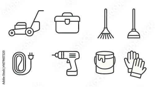 Outline icons of lawn mower, toolbox, rake, plunger, extension cord, drill, paint can, gloves