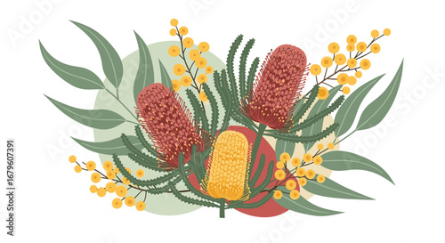 Australian Native Floral Arrangement with Banksia and Wattle.