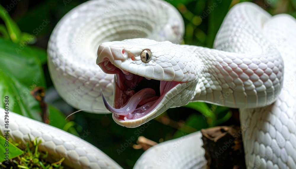 Fototapeta premium Serpiente blanca en primer plano, con la boca abierta