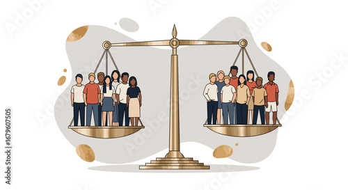 Diverse Groups of People on a Scale Representing Equality and Balance.
