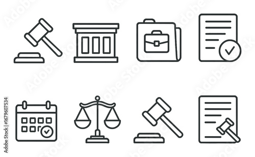 Law and justice icons including gavel, scales, court building, document, calendar, briefcase