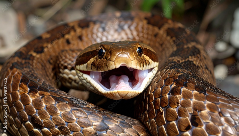 Obraz premium Serpiente marrón en primer plano, con la boca abierta