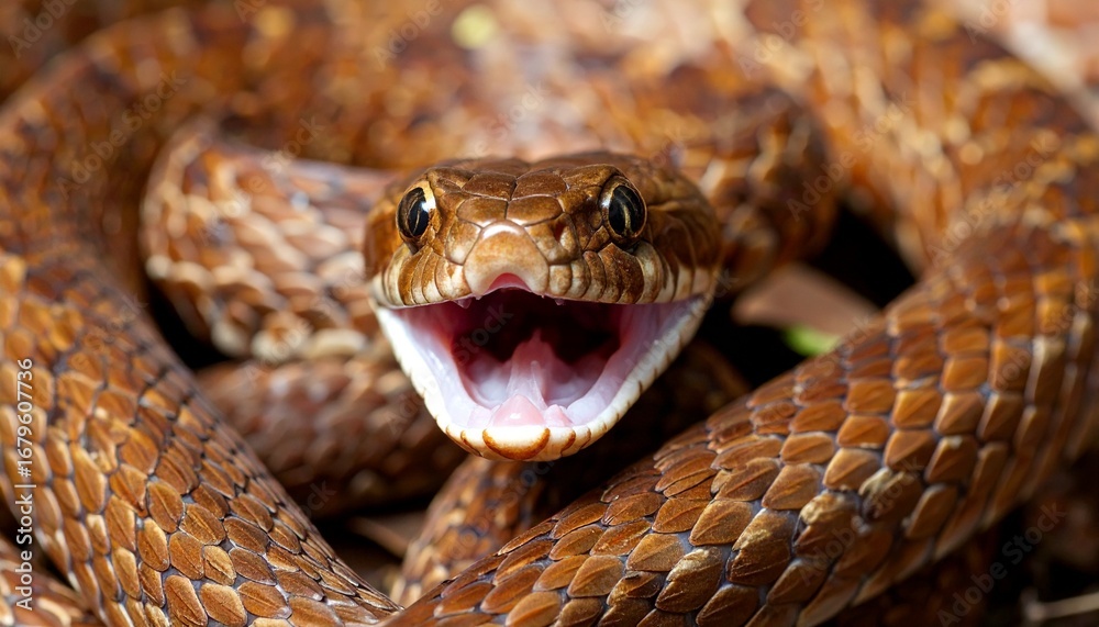 Fototapeta premium Serpiente marrón en primer plano, con la boca abierta
