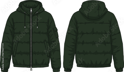 Men’s green puffer jacket vector illustration, hooded zip-up winter coat, padded warm outerwear, casual streetwear, insulated cold weather garment template