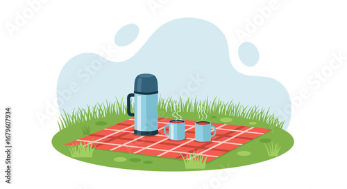 Picnic setup with a thermos and two cups on a red checkered blanket.