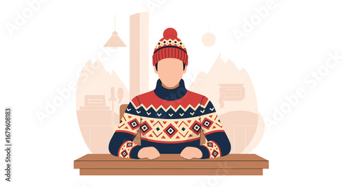 Person in a festive winter sweater and knit hat.