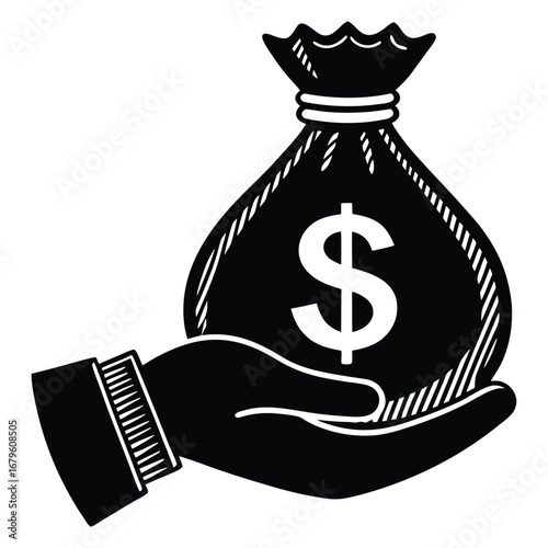 Hand holding a stylized black money bag with a white dollar sign representing wealth and financial gain